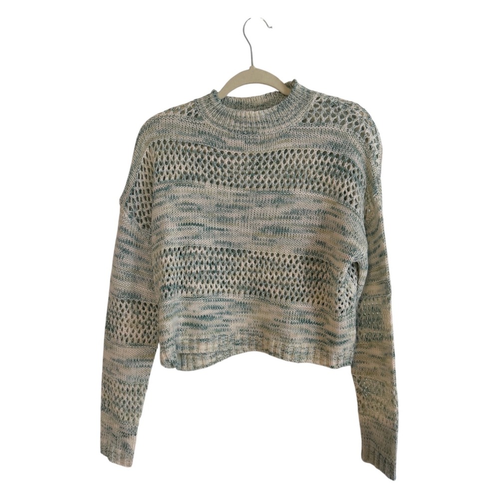 True Craft Sweater Blue Green Ivory L Women Open Knit Cropped Space Dye Pullover